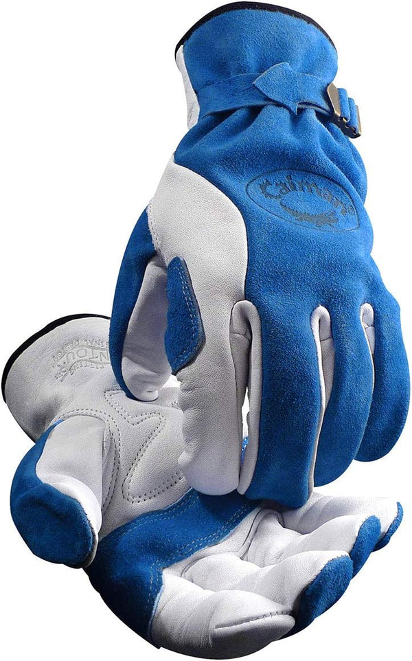 Caiman Premium Top Grain Cowhide Leather Driver Gloves, Split Cowhide Back, Kontour Design, Blue/White, X-Large (1302-6)
