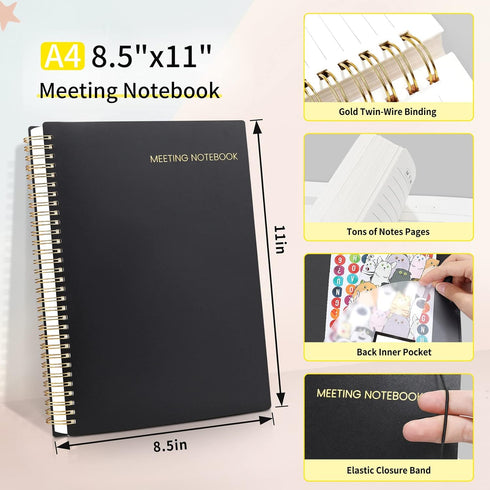SUNEE Meeting Notebook with Sticky Tabs, 160 Pages A4 Size Project Planner for Note Taking and Office Organization