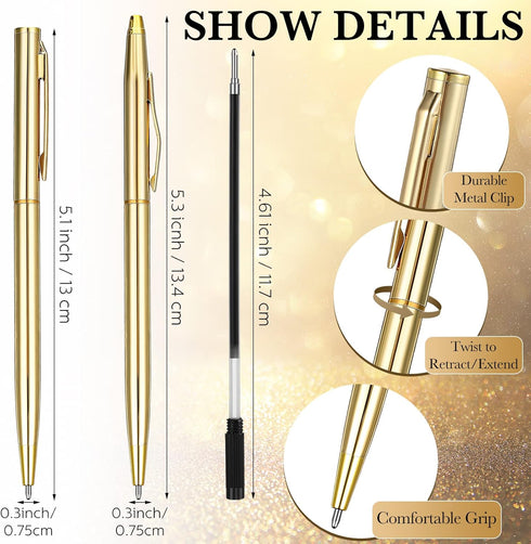 Fuutreo 100 Pack Gold Metallic Slim Ballpoint Pens, Retractable Christmas Ballpoint Pen with Black Ink