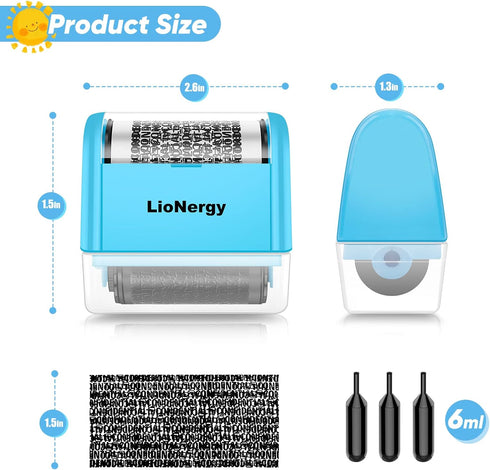 LioNergy Identity Protection Roller Stamp, Identity Theft Prevention Security Stamp with 3 Refills, Blue