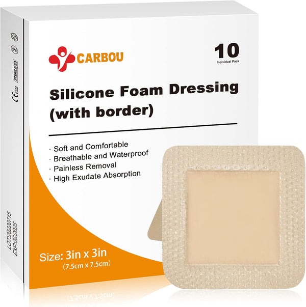 Carbou Silicone Foam Dressing with Adhesive Gentle Border, 3"x3" Waterproof Wound Dressing Bandage, 10 Pack