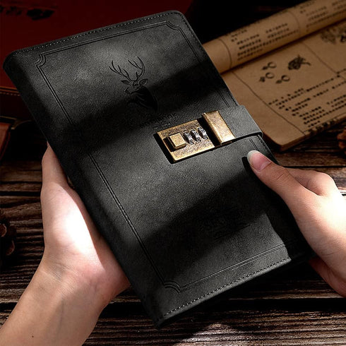 ZukoCert A5 PU Leather Journal with Lock, 240 Pages Retro Diary, Black Deer Head Style, Unisex