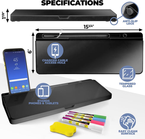 Desktop Dry Erase Board - Glass Dry Erase Board with Black Desk Buddy, Includes Markers and Eraser.