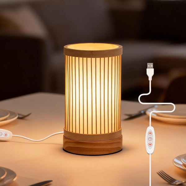 LUSHARBOR Bamboo Table Lamp, Small Boho Rattan Lamp Decorative with Dimmable Light,