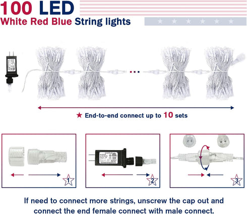 4th 33ft 100 8 4th JMEXSUSS of July Decorations Red White and Blue Lights, LED String Light Indoor Plug-in, Modes