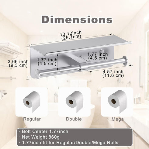 BryXvis Holder,304 No More Phone Drops, Family Friendly Rounded Corners,Toilet Paper Holder with Shelf,Double Roll Wall