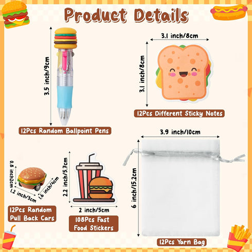 CY2SIDE 12 Pack Set 4-in-1 Fast Food Stationery Gift - Back to School Gift Include Ballpoint Pen Sticky Note Sticker