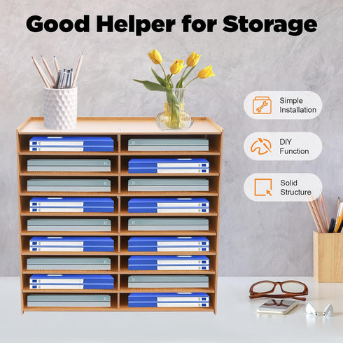 SHIOUCY 18 Mailbox Slots Desktop Paper Mail Sorter Wood Office File Literature Organizer on Desk Floor, Paper Storage