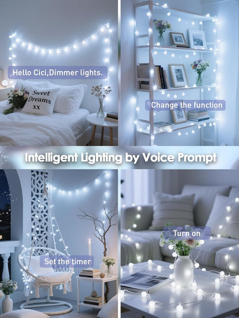 2026 43FT 100LED 12 New Connectable Smart Voice Controlled String Lights Indoor Outdoor | White Globe Fairy Lights