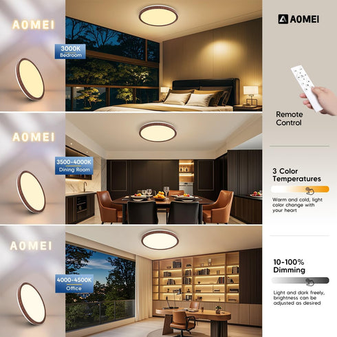 AOMEI 36W 3000-6000K (1, 12 inch) Black Walnut Style Flush Mount Ceiling Light Full Spectrum Eye-Care LED, Sealed ABS