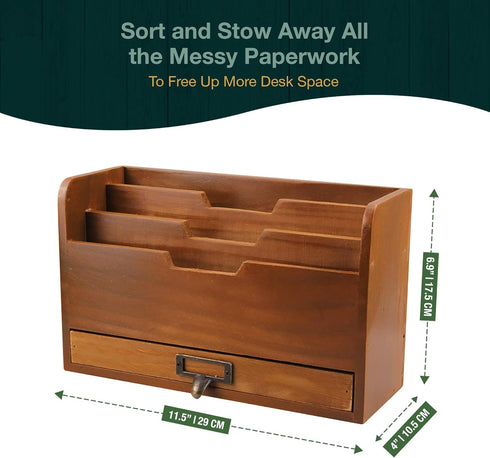 Mahogany Wood Wood Desktop File Organizer - Vertical Folder Sorter with 3 Document Compartments & 1 Paper Tray Drawer