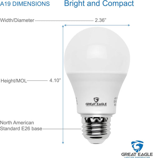 Great Eagle A19 LED Light Bulb, 9W (60W Equivalent), 2700K Warm White, Dimmable, 4 Pack