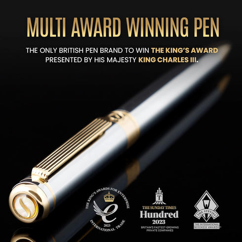 Scriveiner Silver Chrome Ballpoint Pen - Stunning Luxury Pen with 24K Gold Finish, Schmidt Black Refill, Best Gift Set