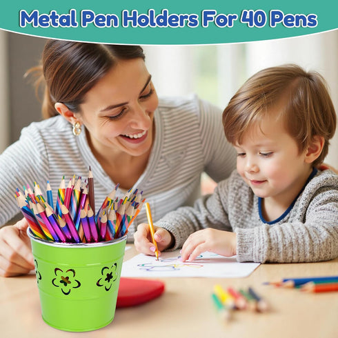 9 Pack Metal Pen Holders, Colorful Desktop Pencil Cups with Flower Pattern, Mini Pencil Bucket, Makeup Brush Storage