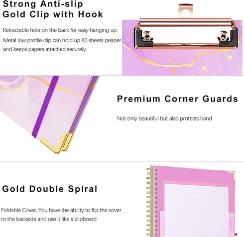Spiral Clipboard Folio with Refillable Notepad, Cute Clipboard Folder with 5 Dividers and 10 Pockets for School Office