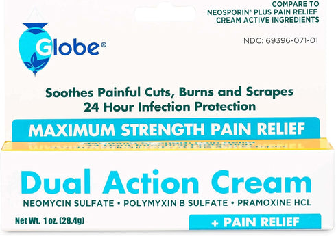 Globe First Aid Antibiotic Cream with Neomycin, Polymyxin B, Pramoxine, 24 Hour Infection Protection (1 Tube)