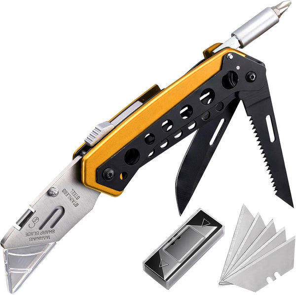 KAMBOLLY Folding Utility Knife, Box Cutter Knife, Razor Work Knives, 6 in 1