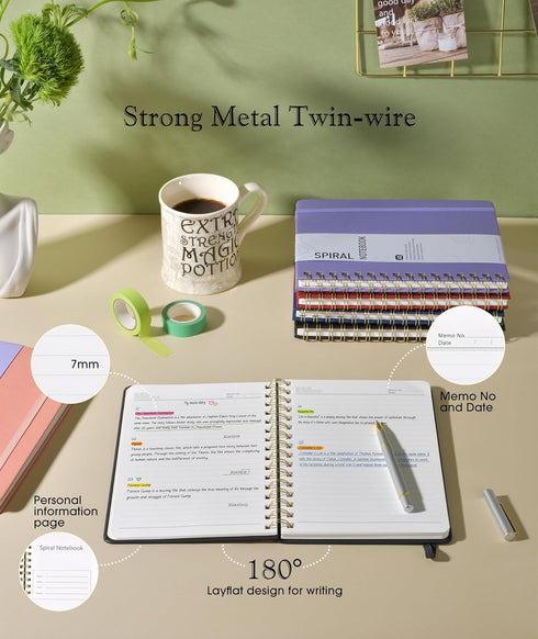 Lined Spiral Journal Notebook, A5 Hardcover, 150 Pages, 100 GSM College Ruled for Writing, 5.75" x 8.38" (Black)