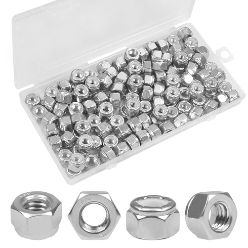 Yinpecly 110PCS 1/4"-20 Nylon Insert Hex Lock Nuts,304 Stainless Steel Locknuts,Hex Drive,Coarse Thread,Self-Locking