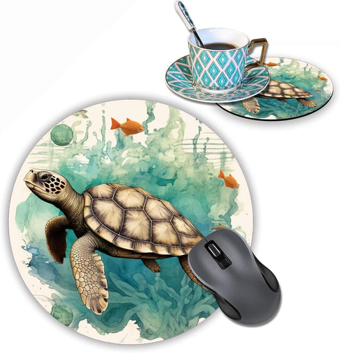 Round Mouse Pad with Coasters Set, Turtle World Map Design, Non-Slip Rubber Mousepad for Computers, Desk Decor