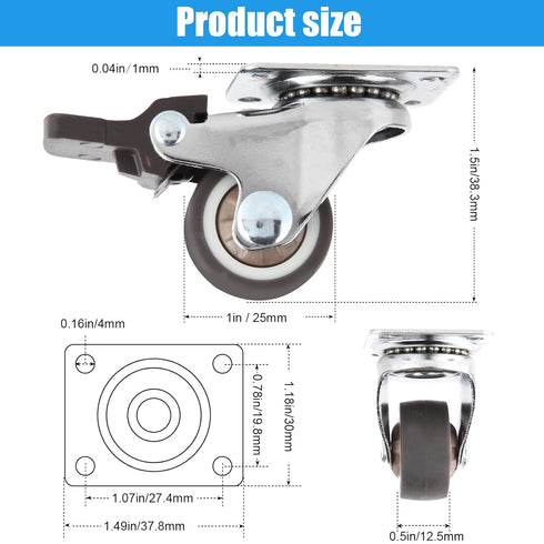 Nefish 4 Pack 1" Small Caster Wheels for Furniture Low Profile Soft Rubber Casters Swivel Plate Castors Rolling Smooth, Load Capacity 100 Lbs for Set of 4 (2 with Brake and 2 Without)