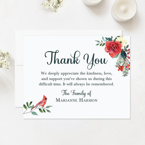 5.5x4.25 Cardinal Floral Sympathy Thank You Cards, Funeral Thank You Cards, Personalized Bereavement Notes