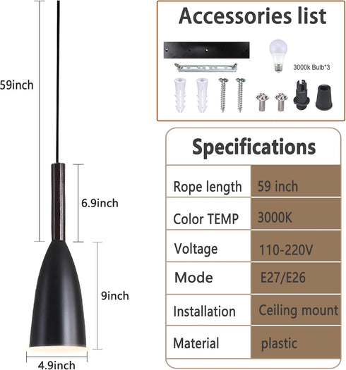 3 3 Bulbs, Kitchen Island Light Kit, Modern Industrial Metal Pendant Light with Warm White Adjustable Hanging Cords