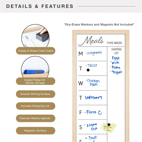 MCS 14x30 Dry Erase Weekly Meal Planner Whiteboard with Natural Frame for Wall, Family Planner & Shopping List