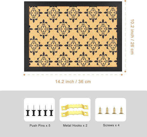Decorative Cork Board for Walls with Black Floral Print, Black Framed Pin Board for Office, School, and Bedroom Decor