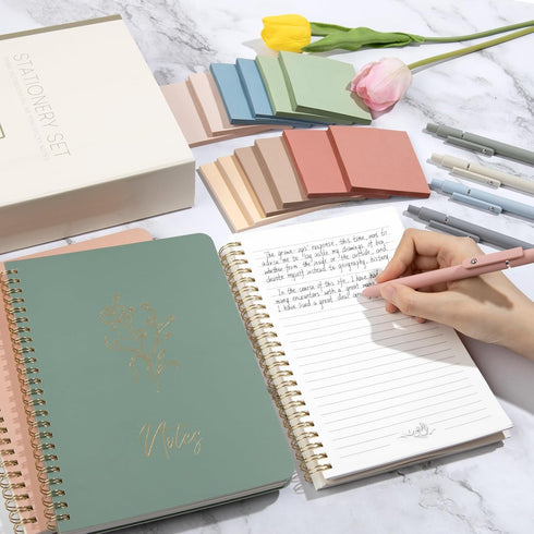 Cute Spiral Notebook Set for Women, Bible Journal Set, 3 Pack A5 Notebooks, Gel Pens, Sticky Notes, Gift Box