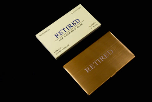 RXBC2011 Funny Retirement Gift Business Cards (Pack of 50) with Gold Stainless Steel Case for Retired Men Women