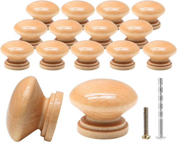 15PCS Round Wood Drawer Knobs, 1-3/8 inch Diameter Mushroom Knobs with Mounting Screws for Furniture - Wood Grain