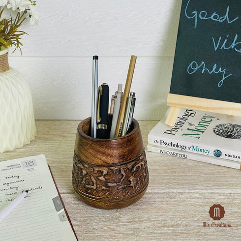 Mie Creations Designer Pencil Holder for Desk Wood | Paintbrush Cup, Desk Accessories, Cute Make Up Brush Organizers | Office Desktop, Wooden Pen Stand | Stationery, Christmas Holiday Gift- 4'' Brown by Mie Creations