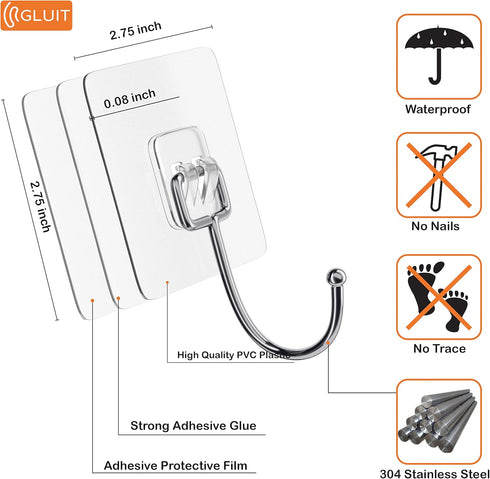 GLUIT Large Adhesive Hooks for Hanging Heavy Duty 22 lbs - Robe Towel Hanger Hooks, Waterproof Adhesive Wall Hooks for Home, Bathroom, Kitchen, Office, and Outdoor, 18 Pack by GLUIT