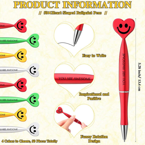 Qilery 50 Pcs Employee Appreciation Gifts Smile Face Pens You Are Awesome Pens Heart Funny Pens Inspirational Quote Black Ink Ballpoint PensThank You Gifts for Coworkers Staff Team Office(Multicolor)