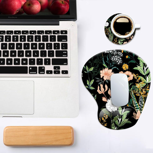 Ergonomic Mouse Pad with Wrist Support, Black Floral Cute Design, Non-Slip PU Base for Home Office Working & Pain Relief