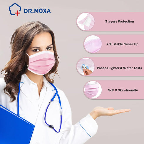 50Pcs 3 DR.MOXA Pink Disposable Medical Face Masks, Layers Safety Mask for Adults Teenagers Daily Use