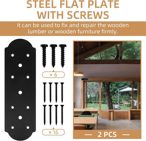 I Shape Steel Flat Bracket, 4 Pcs 10" X 3" Flat Fixing Mending Plates with Screws Set for Wood Lumber Timber Connectors
