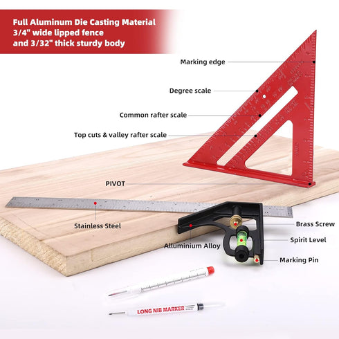Rafter Square and 12 Inch Combo Square Set - Aluminum Woodworking Squares with Bubble Vial