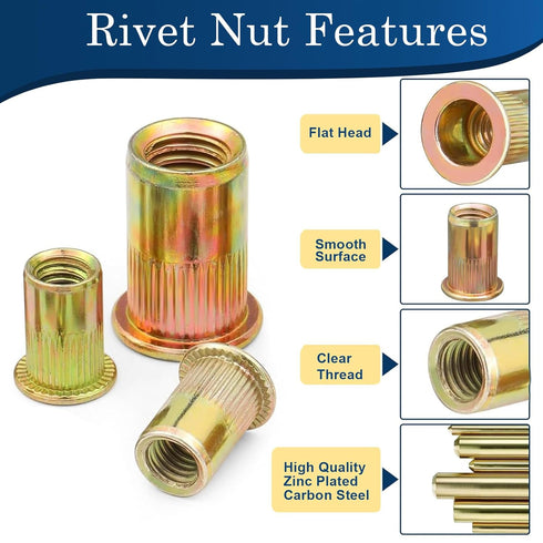 Vifmy 1/4 115Pcs 1/4-20, 1 4 20 1 4 20 1 4 Rivet Nut, Carbon Steel Zinc Rivet Nuts Threaded Insert Rivnut, Flat Head x
