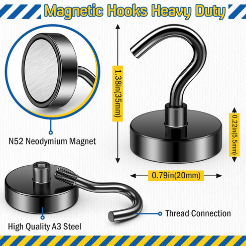 FINDMAG Magnetic Hooks N52, 50lbs Heavy Duty Rare Earth Magnetic Hooks for Hanging, Neodymium Magnet with Hooks for Refrigerator, Home, Kitchen, Office, Cruise (Black, Pack of 6) by FINDMAG