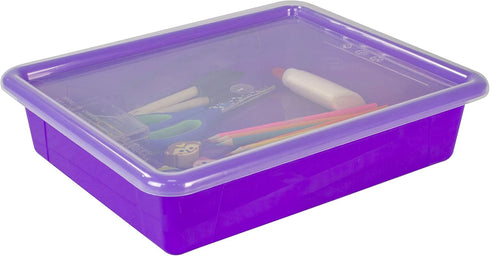 Storex Letter Size Flat Storage Tray – Organizer Bin with Non-Snap Lid, Violet, 5-Pack for Classroom, Office, Home