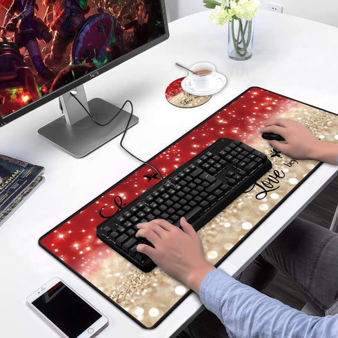 Desk Pad Gaming Mouse Pad with Coasters, 31.5"x 11.8" Large Non-Slip Rubber Base Mousepad, Red Glitter Quote
