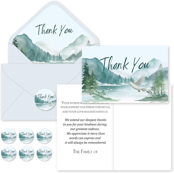 FYSUIMU 50Pcs Funeral Thank You Cards Watercolor Mountain Sympathy Cards with Message
