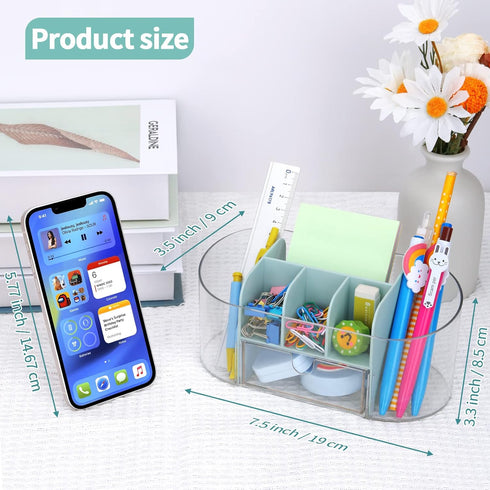 LETURE Clear Desk Organizer with drawer, Acrylic Pen Pencil Markers Holder, Clear Office Supplies and Accessories,Desktop Organizer for Room College Dorm Home School (Blue) by LETURE