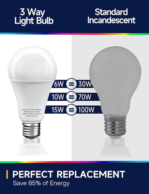 2 Pack 3 Way LED Light Bulbs, 30 70 100W Equivalent, Daylight White 5000K A19 E26, Indoor 3-Way Light Bulbs for Desk &
