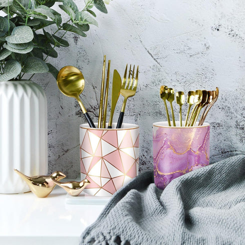 Cute Ceramic Pen Holder for Desk, WAVEYU Purple Marble Marker Holder, Makeup Brush Holders, Desk Accessories