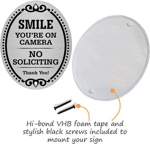SmartSign Premium No Soliciting Smile You're On Camera Sign, 4" x 5" Aluminum with Adhesive Backing