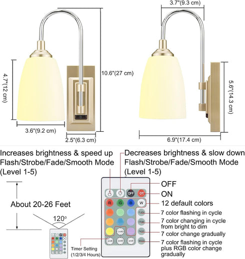 Bathroom,12 HONWELL Wall Lamp Wireless Battery LED Wall Sconces Indoor Multi Color Wall Sconce Light Fixture for Room