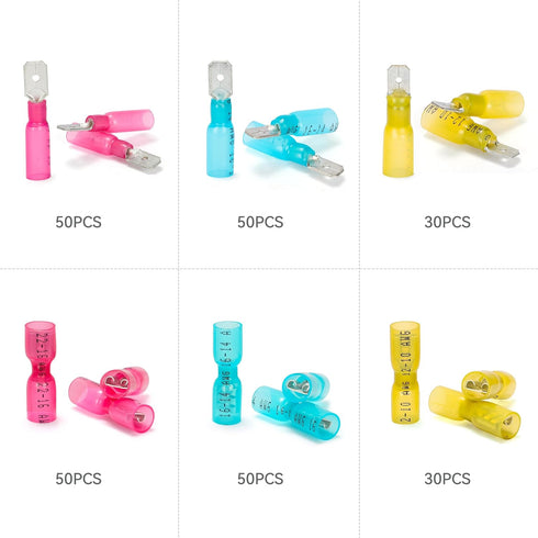 HKS 260PCS Spade Connector Kit, Male and Female Terminal Heat Shrink Electrical Quick Disconnect Wire Connectors
